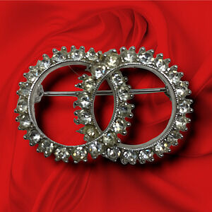 Vintage Bogoff Double Circle Clear Rhinestone Crystal Brooch Pin Couture Runway